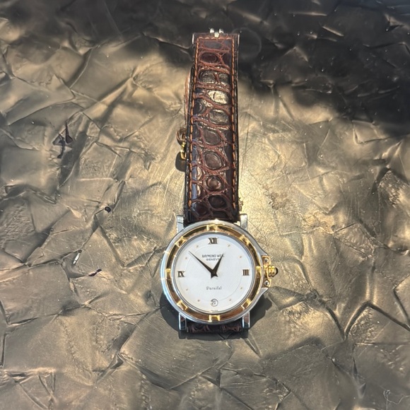 Raymond Weil Brown 18K gold plated Leather Strap Watch with Gold Accents